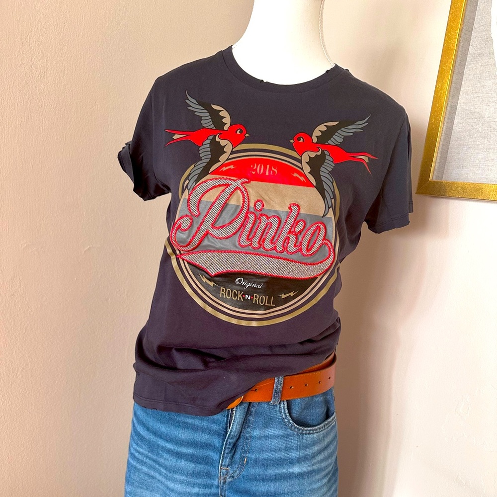 Pinko Black Graphic Short Sleeve Tee with Red and Gold Accents